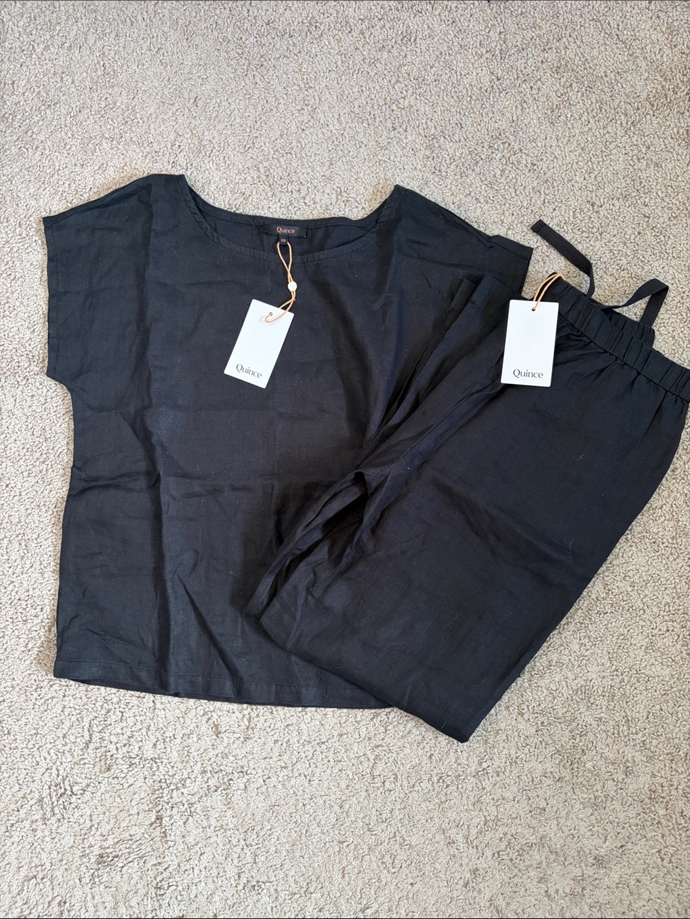 Quince Black European Linen Pajama Set Short Sleeve Top Drawstring Pants XS NWT